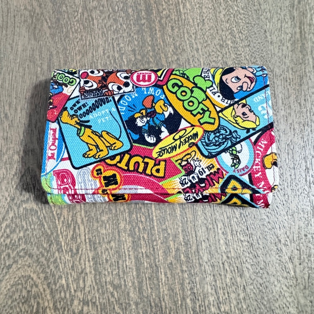 Disney Characters Collage Trifold Wallet Mickey Pluto Bambi Canvas Red Interior
